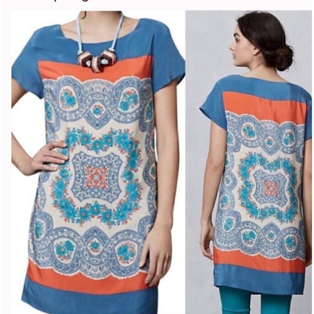 Anthropologie Sz XS Meadow Rue Silk Scarf Print Tunic Dress $150 Boxy Shift